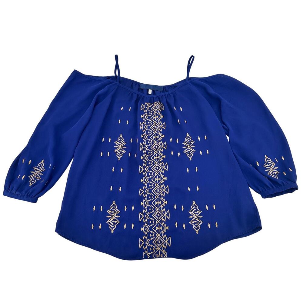 Blue Rain Womens Blouse Size LARGE Blue Sheer Embroidered Open Shoulder EUC Boho